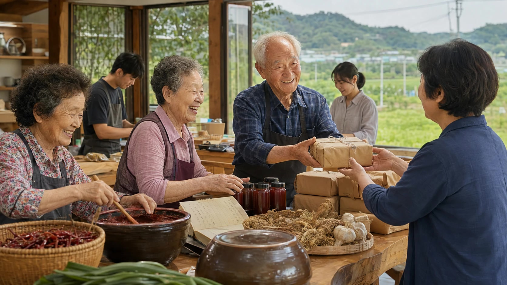 농촌의 생산자와 지역 사람들이 상품과 경험을 나누는 모습을 표현한 에디토리얼 이미지